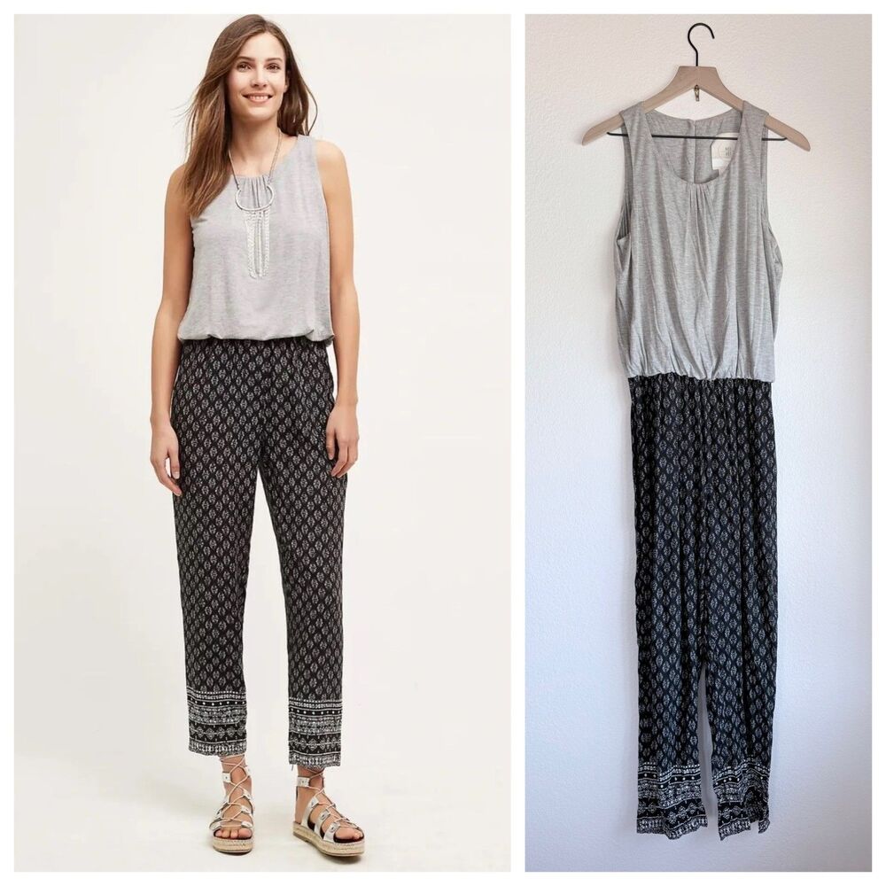 Anthropologie Hei Hei Rhodes Jumpsuit Grey Black Printed Sleeveless Size M EUC